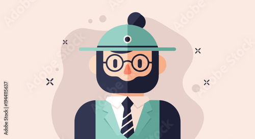 Cartoon man in hat, glasses, beard, and suit with a tie