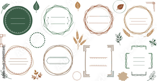 Botanical vintage badge frames with leaf wreath borders and natural decorative labels for organic branding packaging and eco product design vector set