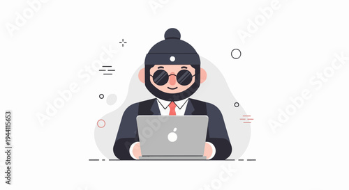 Cartoon man in a suit and beanie works on a laptop