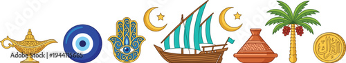 Arabic, culture, islamic, symbols, lamp, hamsa, evil eye, dhow, crescent, palm, coin, tradition, middle eastern, icon, set, colorful, design, isolated, flat, vector