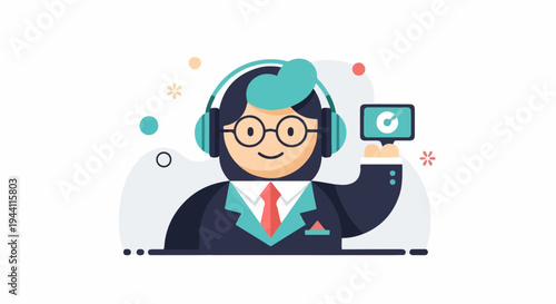 Cartoon illustration of a person with headphones, holding a tablet