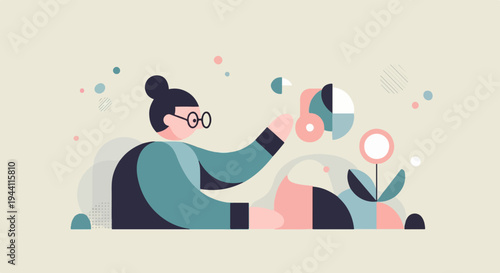 Abstract illustration of a person interacting with geometric shapes and a stylized flower