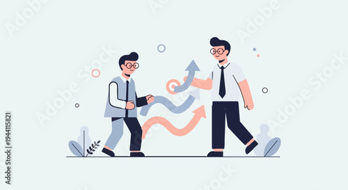 Two businessmen with rising arrows between them, indicating growth