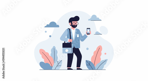 Stylized man with phone and bag in abstract nature setting