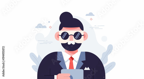 Stylized businessman with dark hair, beard, mustache, glasses, and suit