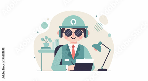 Focused individual works at desk with headphones and safety helmet