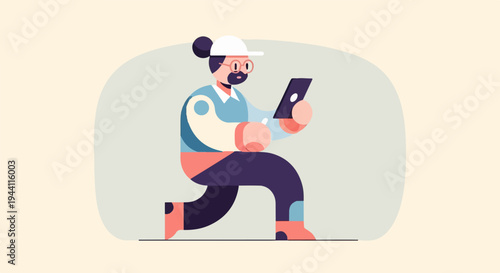 Animated person with glasses and bun looking at a tablet on the go