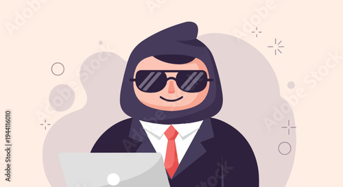 Cartoon figure in suit and sunglasses with laptop