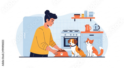 Woman prepares healthy meal with dog and cat in modern kitchen with orange accents
