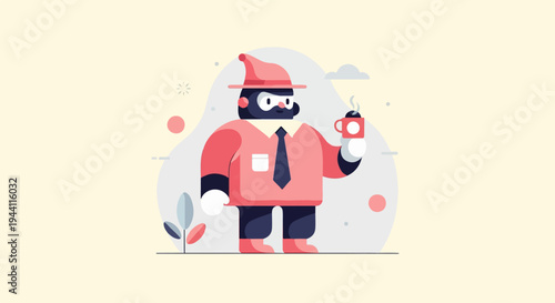 Stylized figure in formal attire holds a steaming cup of coffee