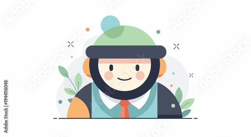 Cheerful character in winter hat and tie, surrounded by abstract shapes and leaves