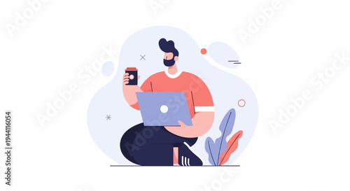 Man with laptop and coffee sitting near plants, abstract background