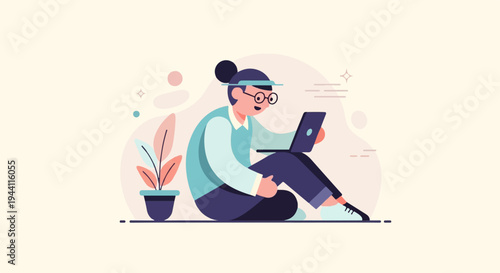 Person sitting cross-legged using a laptop with a potted plant nearby