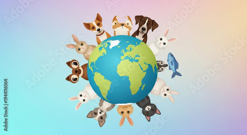 Diverse animals surround the earth on a colorful gradient background symbolizing global wildlife and conservation