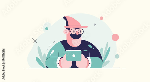 Stylized illustration of a person wearing a hat and glasses, holding a tablet