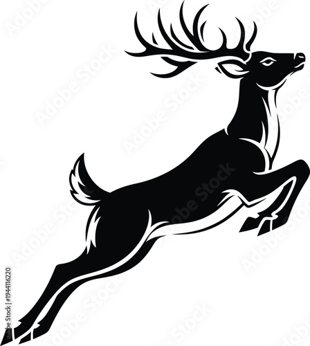 Black silhouette of a leaping deer with large antlers on a white background