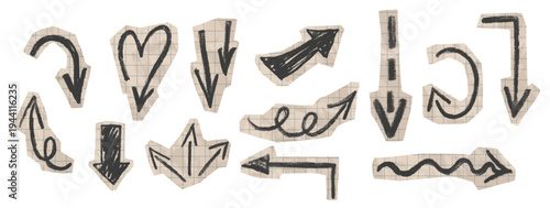 Cut out paper with hand drawn arrows for collage. Scrapbook stickers