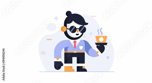 Trendy character with coffee cup, wearing glasses and tie