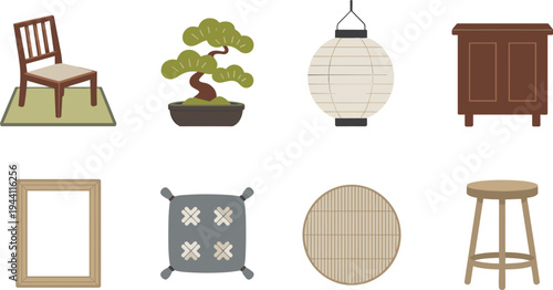 Japanese interior decor collection set, traditional furniture and bonsai plant with lantern, tatami chair cushion stool illustration