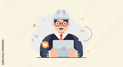 Enthusiastic engineer in hard hat holds tablet with abstract background
