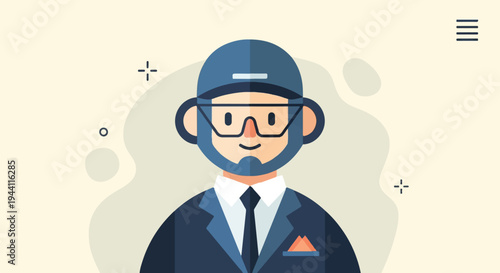 Flat illustration of a bearded man with glasses and a cap in a suit