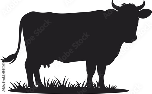 Black cow silhouette standing on grass, farm cattle vector illustration isolated, livestock animal icon for agriculture, dairy farming design