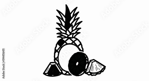 Stylized black and white illustration of a pineapple, sliced in various forms