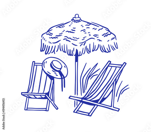 Chaise longue, umbrella. Beach, coastal sea resort with sunshade parasol, hat and deck chairs. Seaside coastline, summer vacation in dolce vita style. Vector illustration isolated on white background