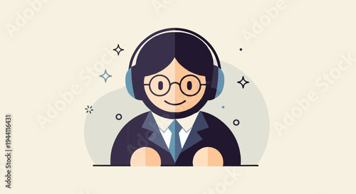 Flat illustration of a person in a suit with headphones and glasses
