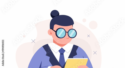 A person wearing glasses and a suit holds a tablet, looking focused