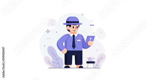 Flat illustration of a man in a suit and hat holding a tablet with a coffee cup nearby