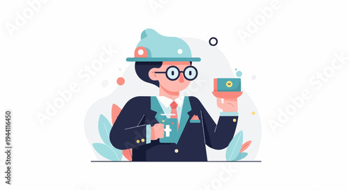 Stylized illustration of a man in a suit holding a drink and a small card
