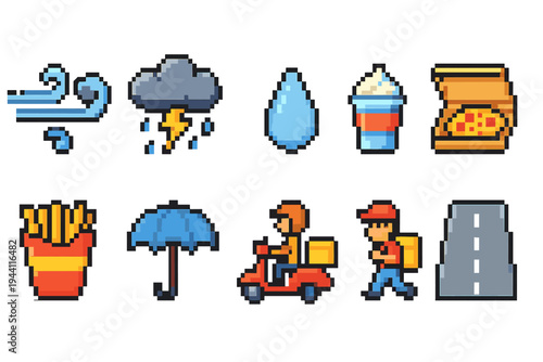 Weather and fast food pixel icon set. Fun, retro pixelated style illustrations.