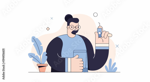 Stylized character with glasses holding a small bottle and a book