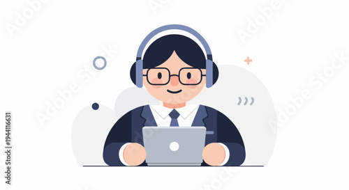 Cheerful person in suit wearing headphones with laptop