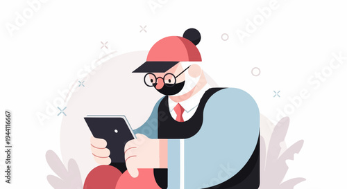 Elderly man with glasses and mask uses tablet, wearing cap and vest