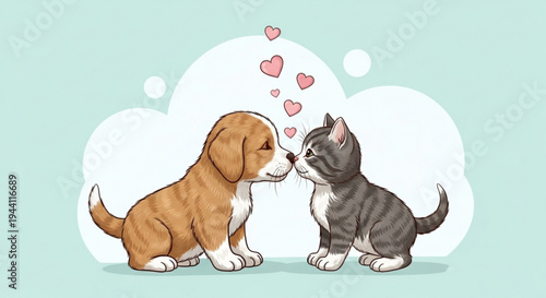 Cute dog and cat touching noses with hearts symbolizing friendship and love on a soft background