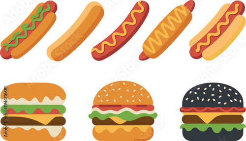 Cartoon fast food set with hot dog and hamburger icons, flat vector junk food collection isolated for menu design