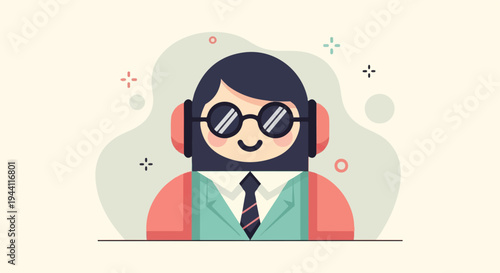 Cartoon person with headphones, glasses, and formal attire
