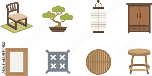 Japanese interior decor elements set with bonsai lantern furniture cushion stool and cabinet traditional minimalist home illustration