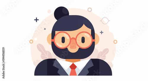 Stylized portrait of a person with glasses, beard, and bun
