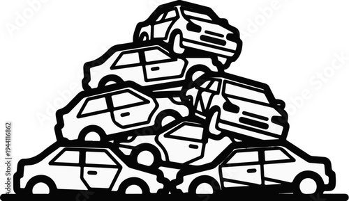 A pile of cartoon-style cars stacked atop one another in disarray