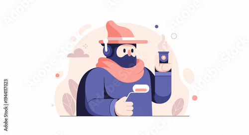 Character with hat, scarf, headphones, and hot beverage enjoys a moment of peace
