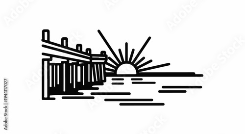 Stylized pier with sun rising over rippling water
