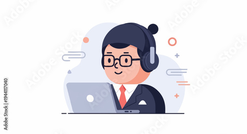 Stylized illustration of a person wearing headphones and glasses working on a laptop
