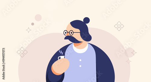 Cartoon character with mustache and bun hairstyle holds a steaming coffee cup