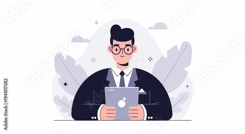 Businessman in suit and glasses holding a tablet, surrounded by abstract leaves