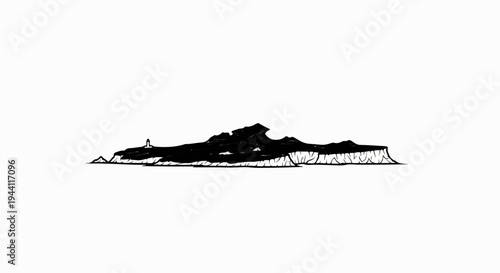 Stylized black ink drawing of a cliffside with a tower on a rocky promontory
