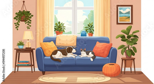 Two cats relaxing on blue sofa in cozy living room with plants and pumpkin