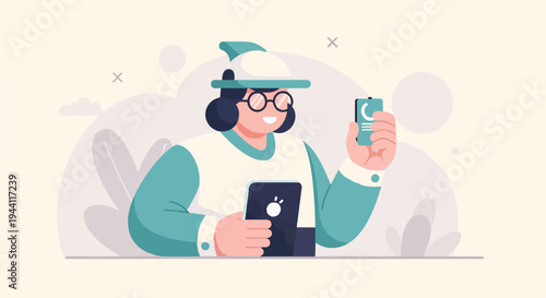 Person wearing a hat holds two phones with digital content visible on screens